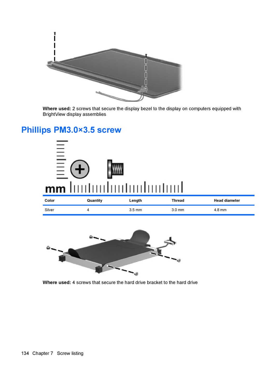 HP DV6 manual Phillips PM3.0×3.5 screw, Color Quantity Length Thread Head diameter Silver 