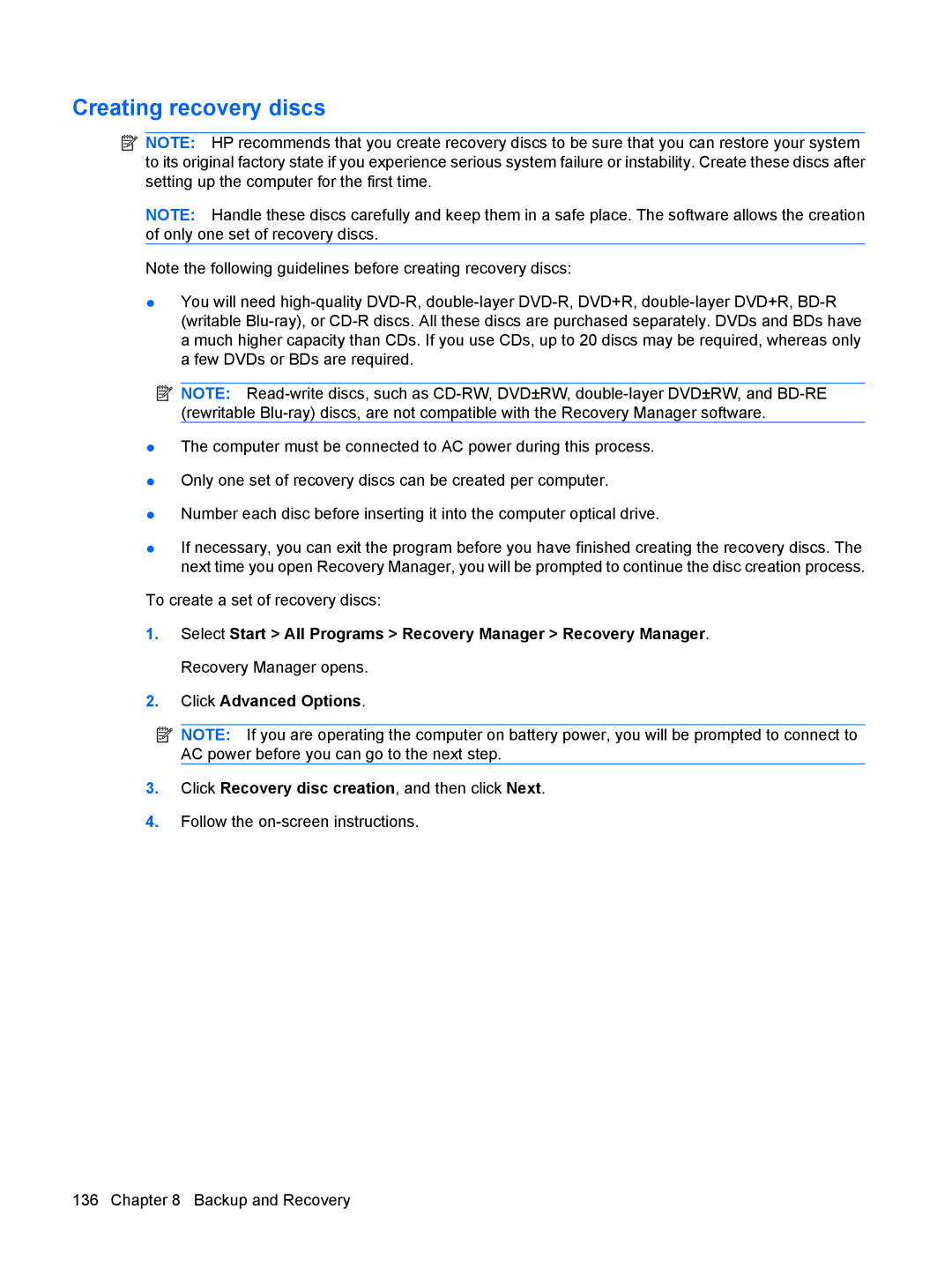 HP DV6 manual Creating recovery discs 