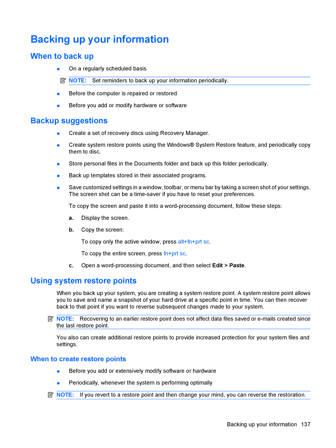 HP DV6 manual Backing up your information, When to back up, Backup suggestions, Using system restore points 