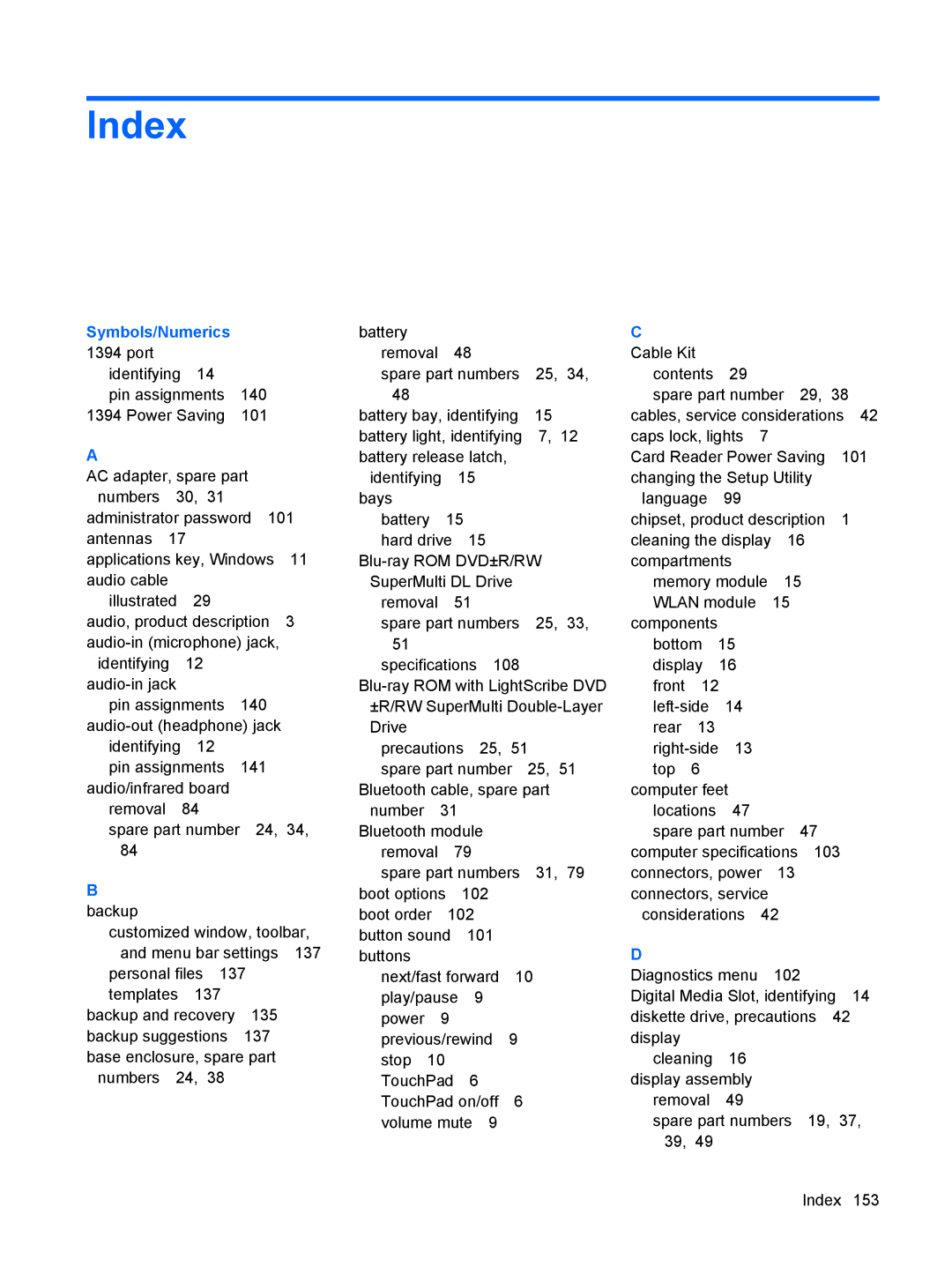 HP DV6 manual Index, Symbols/Numerics 