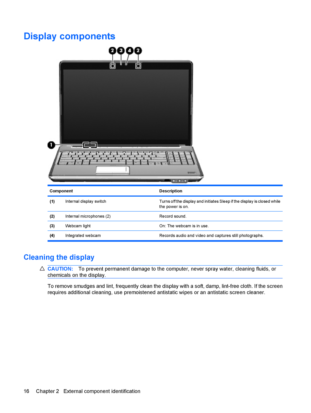 HP DV6 manual Display components, Cleaning the display 