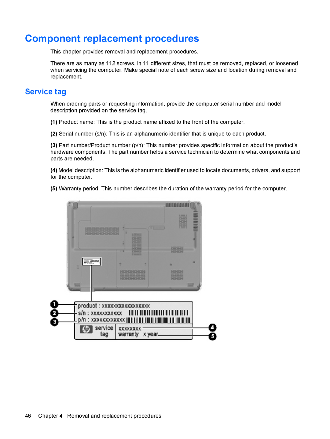 HP DV6 manual Component replacement procedures, Service tag 