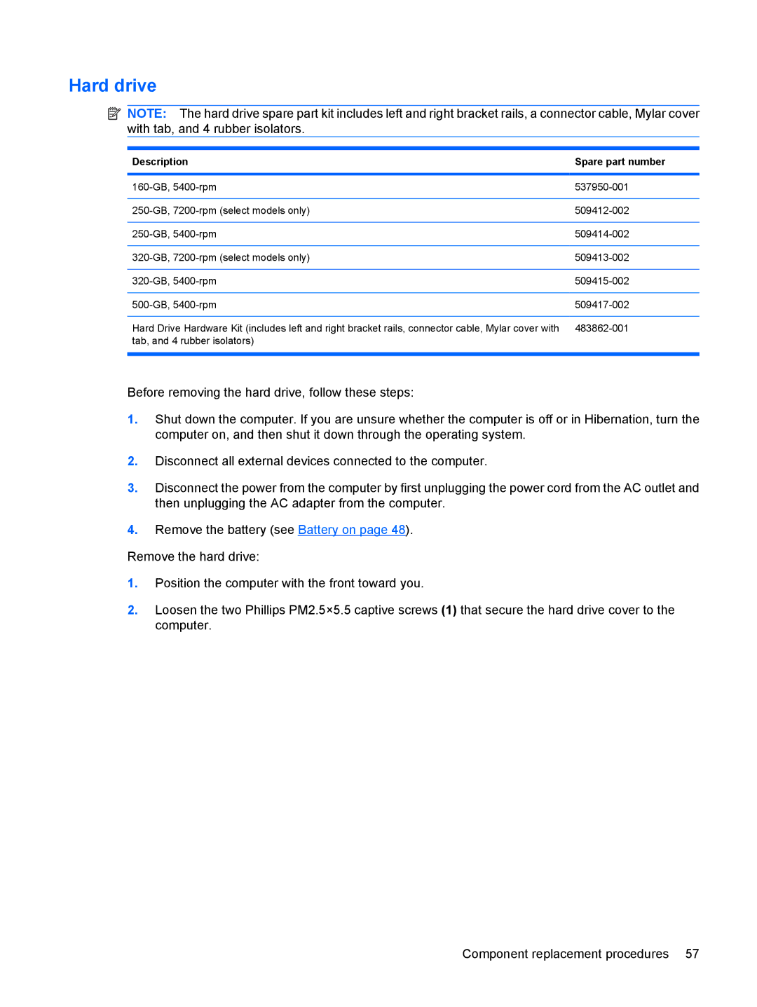 HP DV6 manual Hard drive 