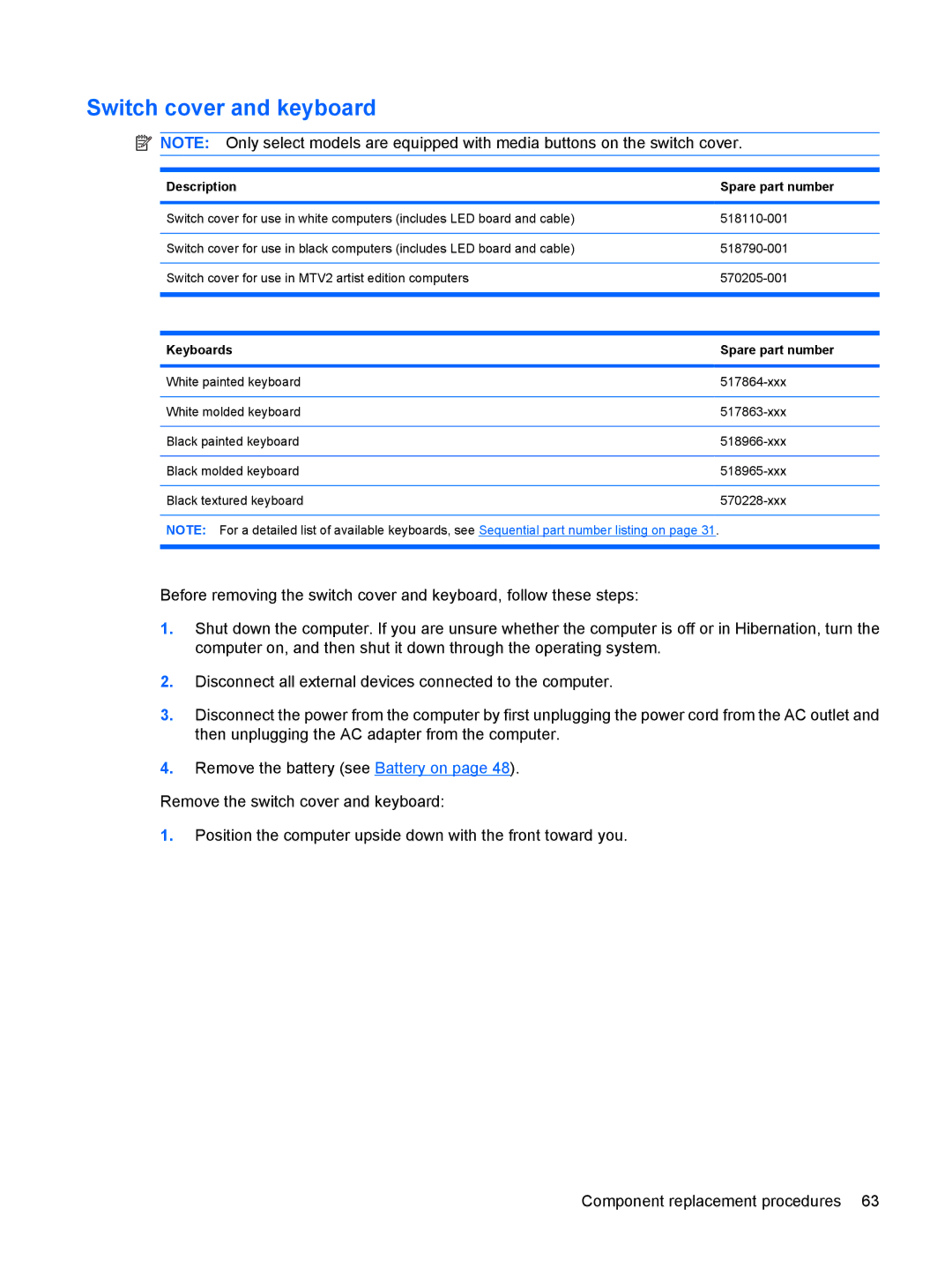 HP DV6 manual Switch cover and keyboard, Keyboards Spare part number 