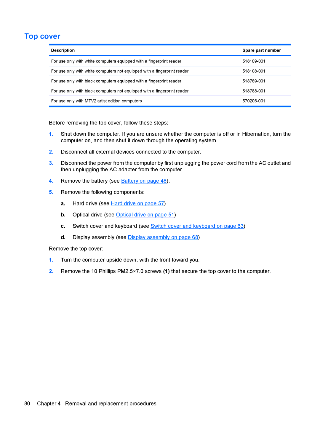 HP DV6 manual Top cover, Description Spare part number 