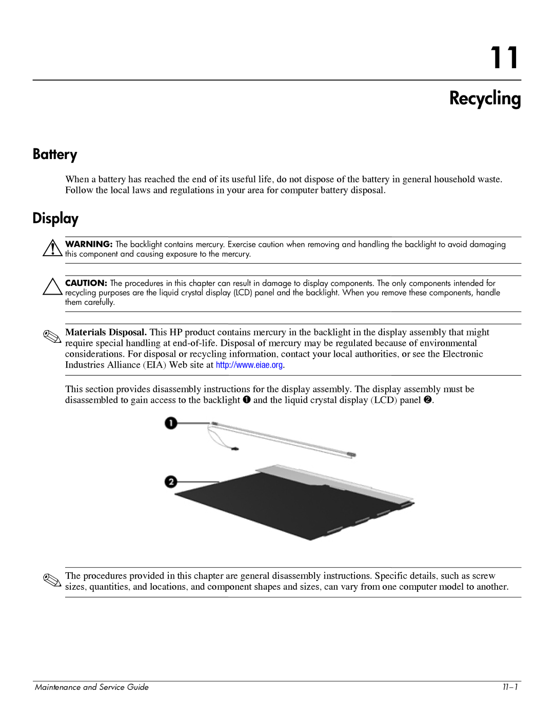 HP DV6 manual Recycling, Battery, Display 