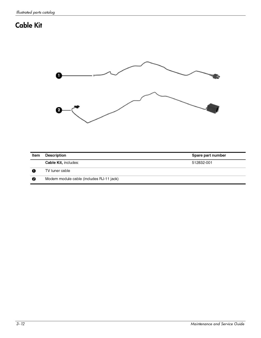 HP DV6 manual Description Spare part number Cable Kit, includes 