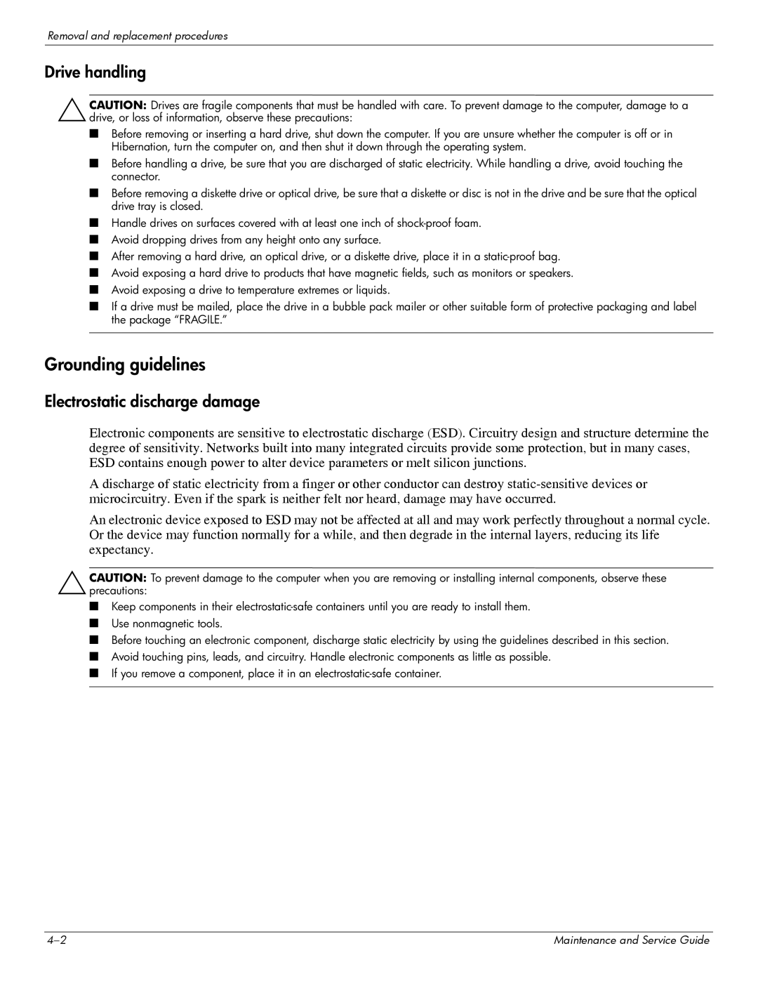 HP DV6 manual Grounding guidelines, Drive handling 