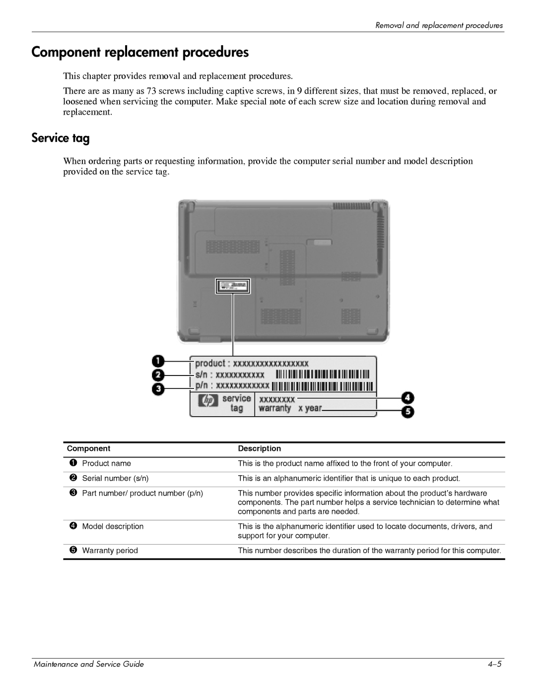 HP DV6 manual Component replacement procedures, Service tag 