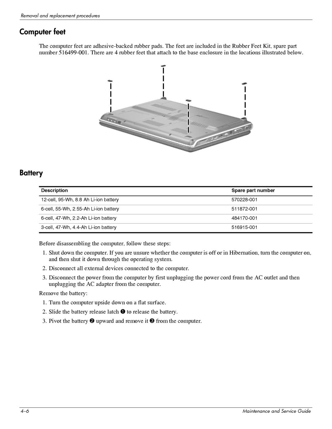 HP DV6 manual Computer feet, Battery 