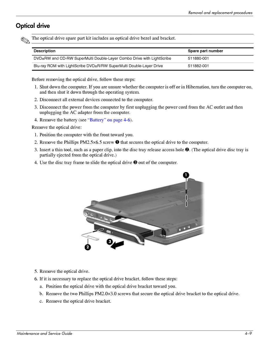 HP DV6 manual Optical drive, Description Spare part number 