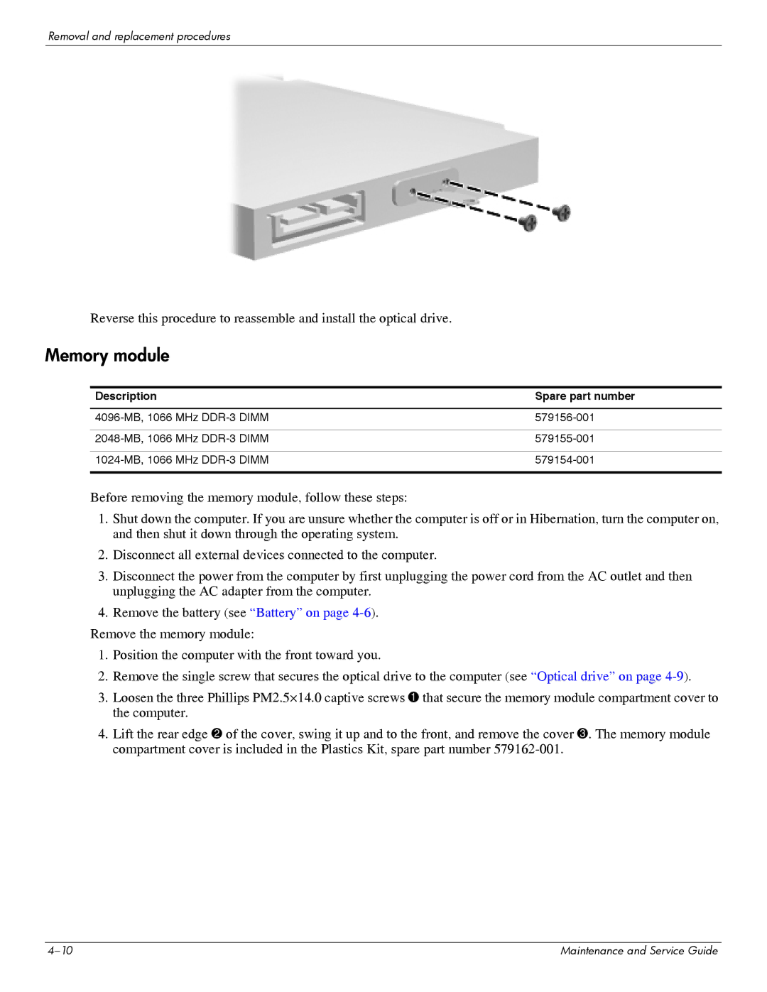 HP DV6 manual Memory module 