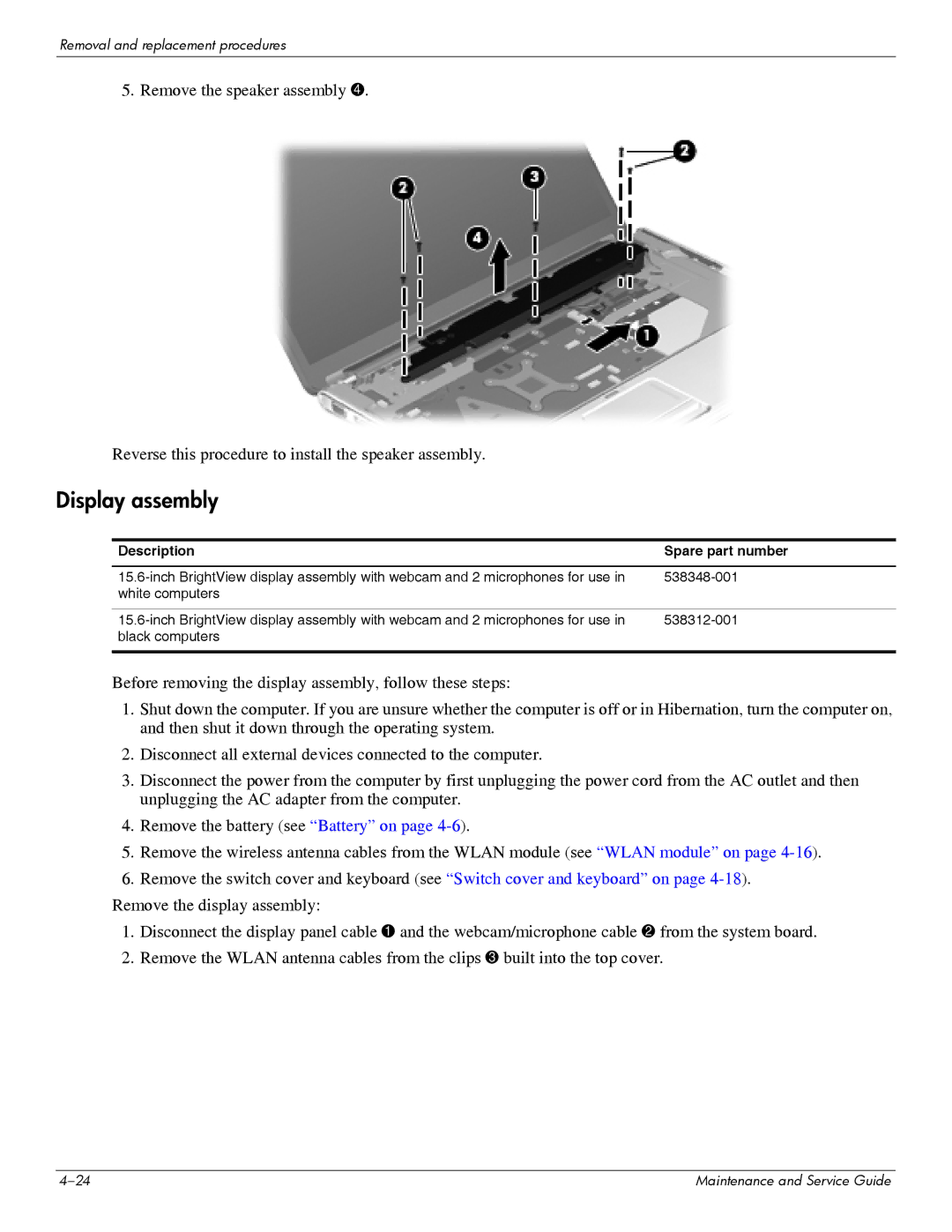 HP DV6 manual Display assembly 