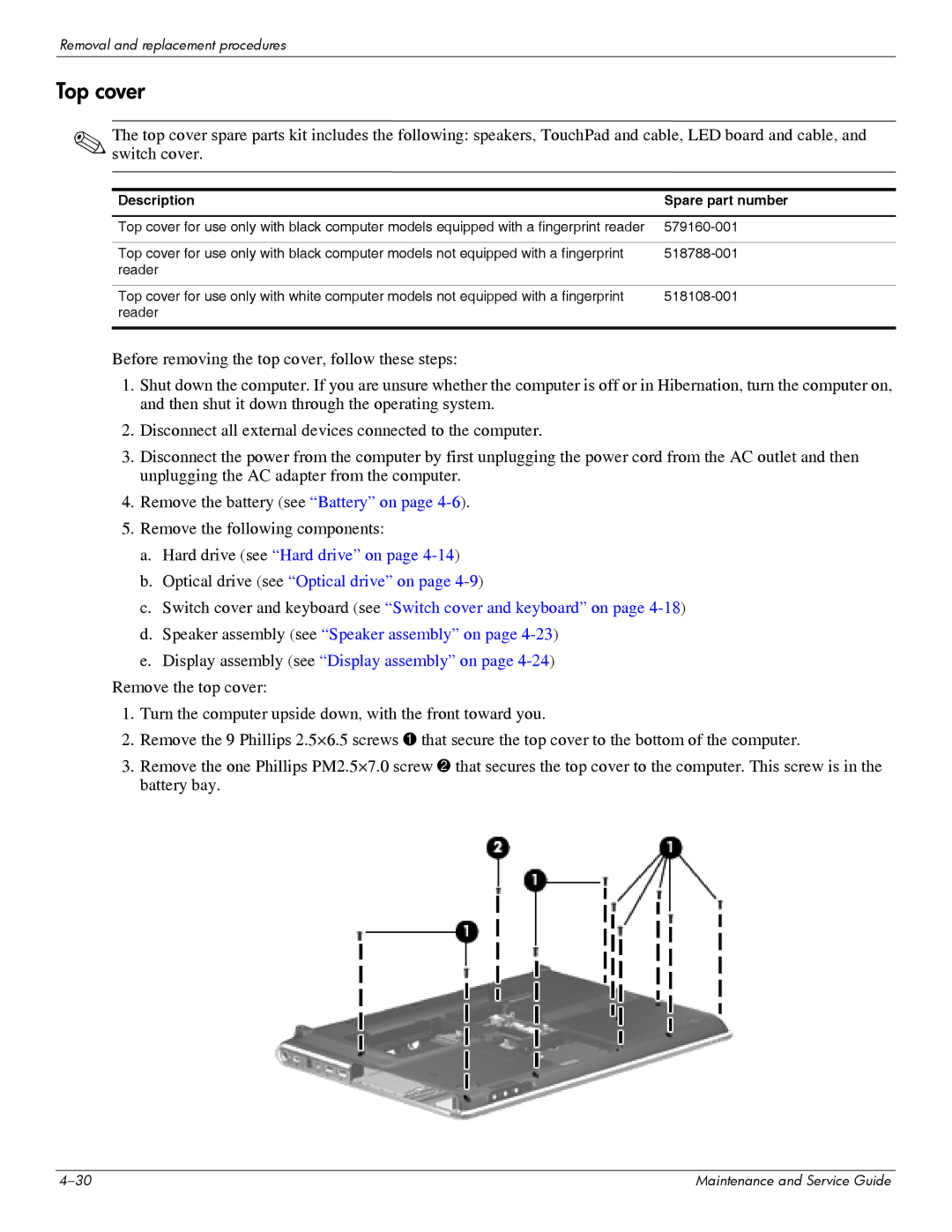 HP DV6 manual Top cover, Description Spare part number 