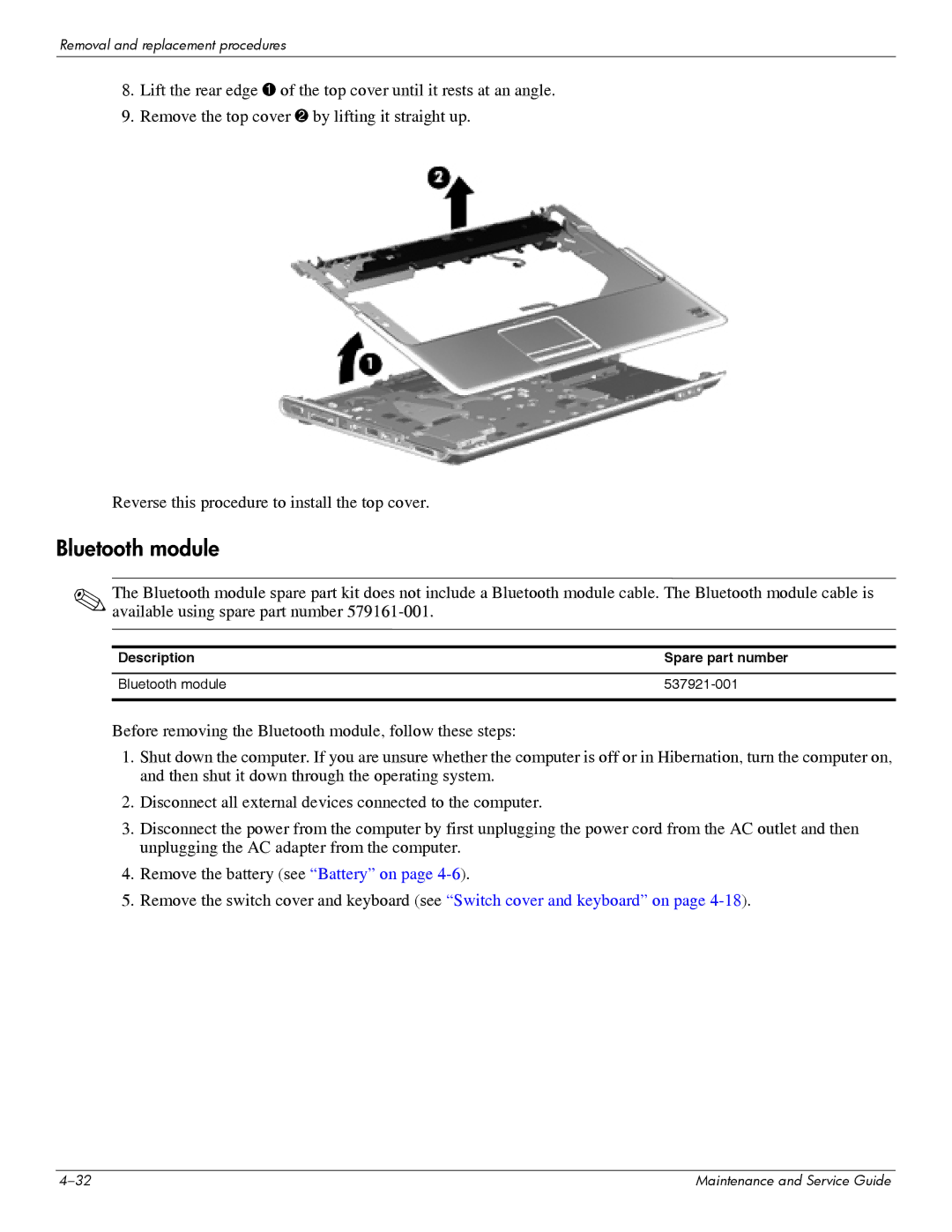 HP DV6 manual Description Spare part number Bluetooth module 537921-001 