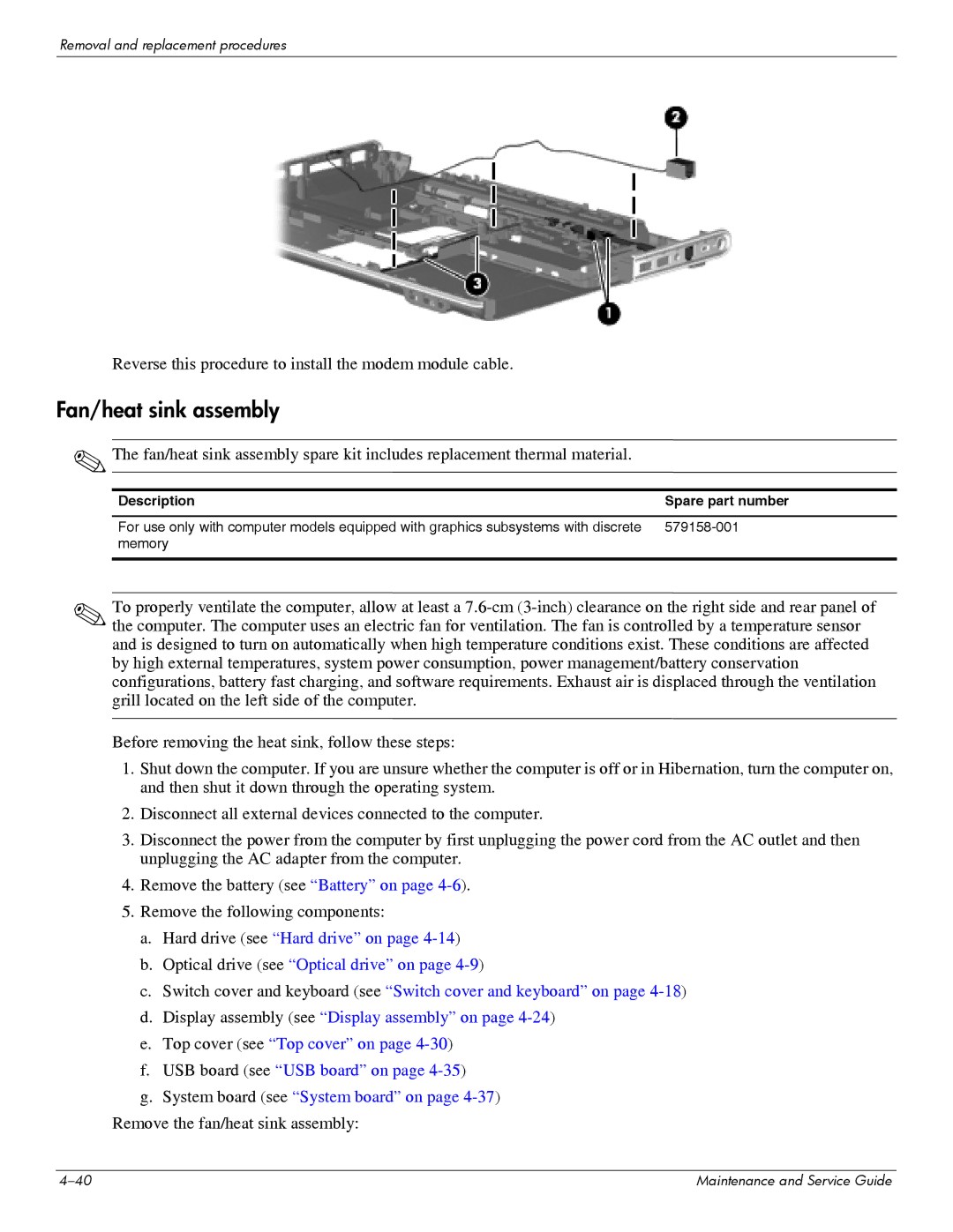 HP DV6 manual Fan/heat sink assembly, 579158-001 