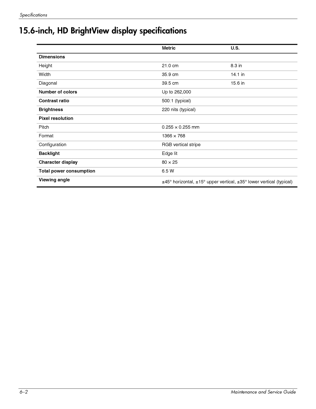 HP DV6 manual Inch, HD BrightView display specifications 