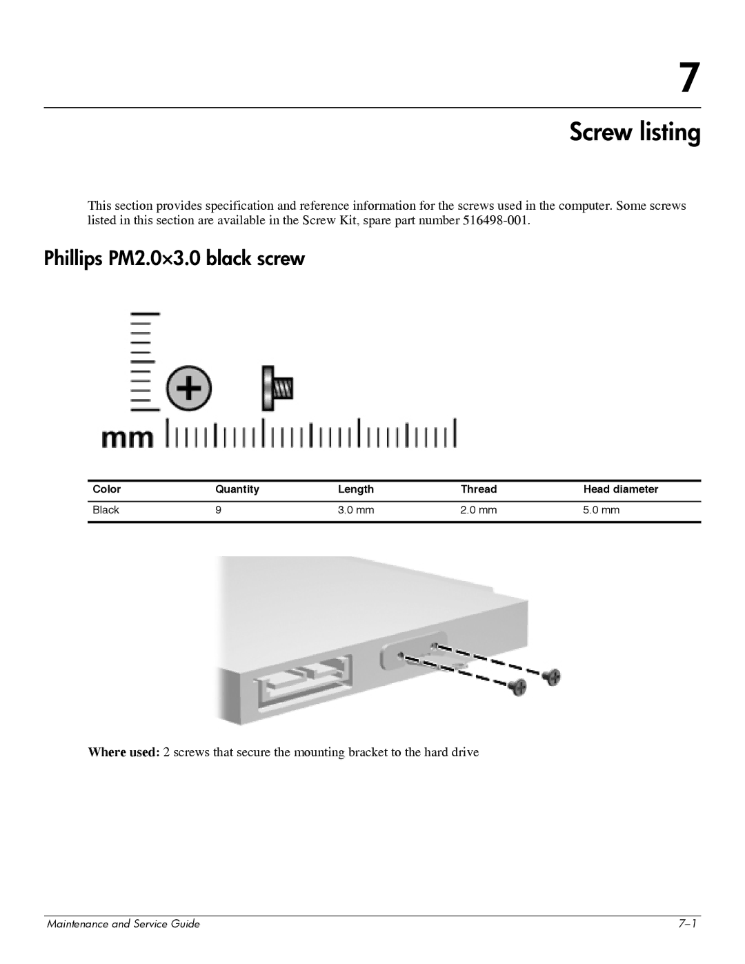 HP DV6 manual Screw listing, Phillips PM2.0×3.0 black screw, Color Quantity Length Thread Head diameter Black 