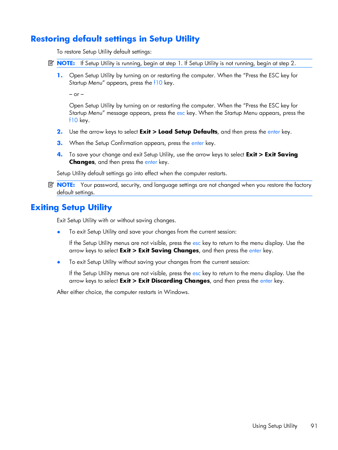 HP DV6 manual Restoring default settings in Setup Utility, Exiting Setup Utility 