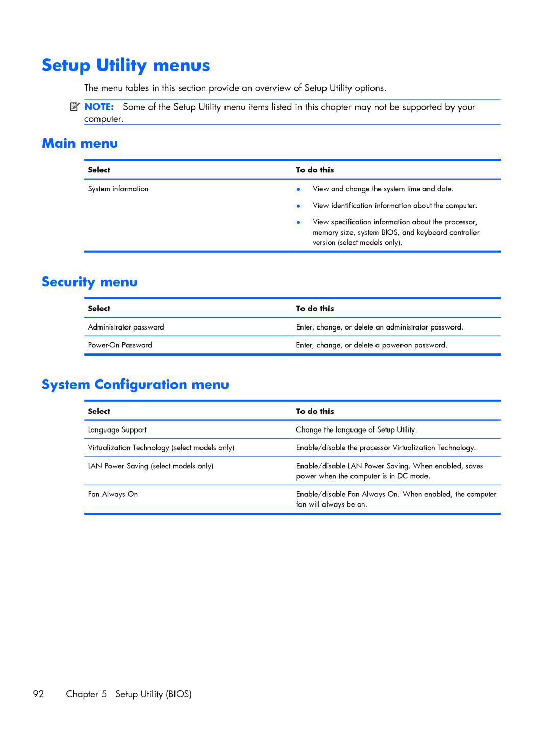 HP DV6 manual Setup Utility menus, Main menu, Security menu, System Configuration menu, Select To do this 