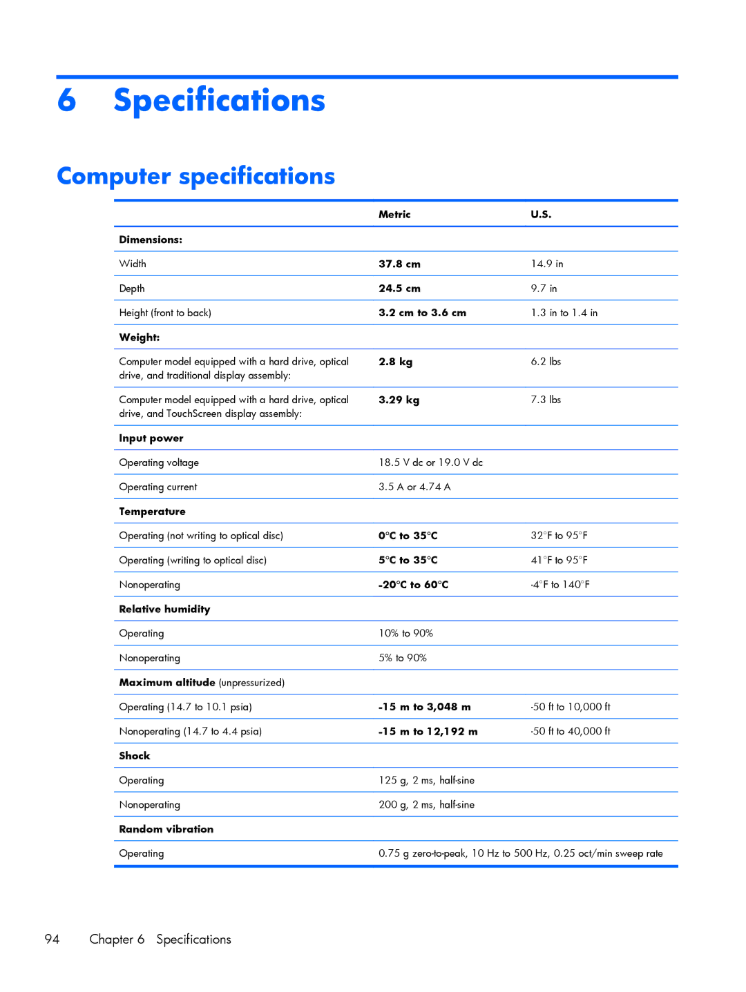 HP DV6 manual Specifications, Computer specifications 