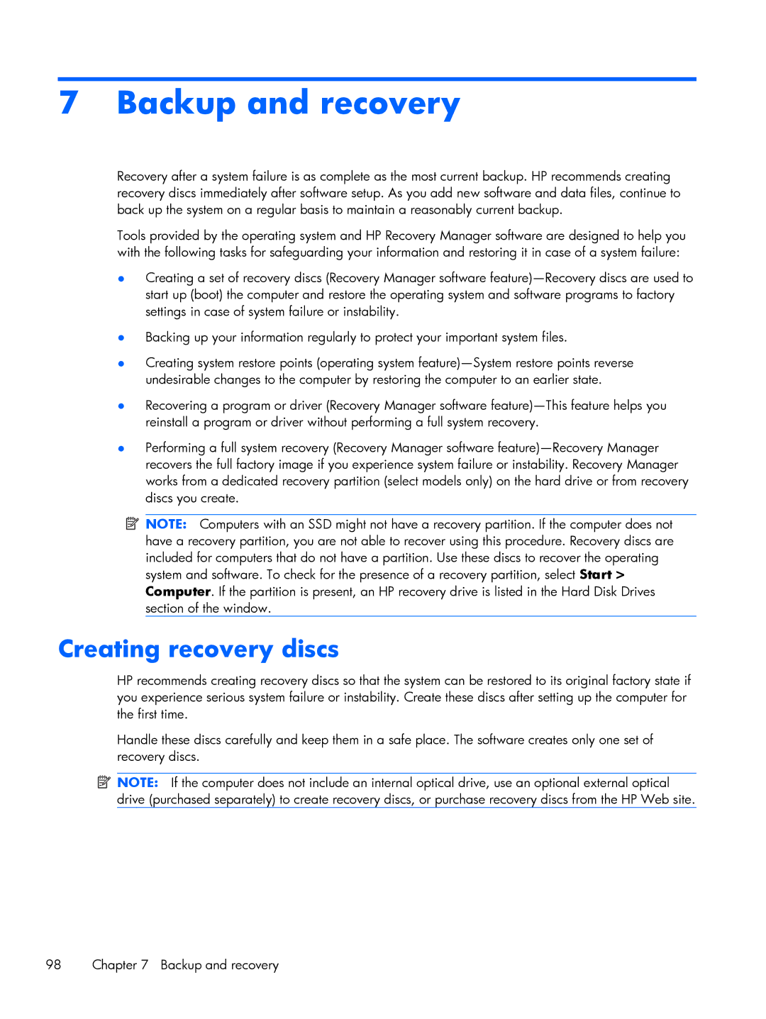 HP DV6 manual Backup and recovery, Creating recovery discs 