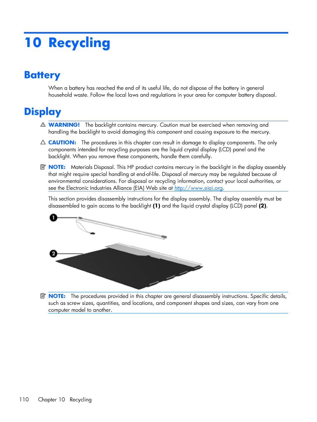 HP DV6 manual Recycling, Battery, Display 