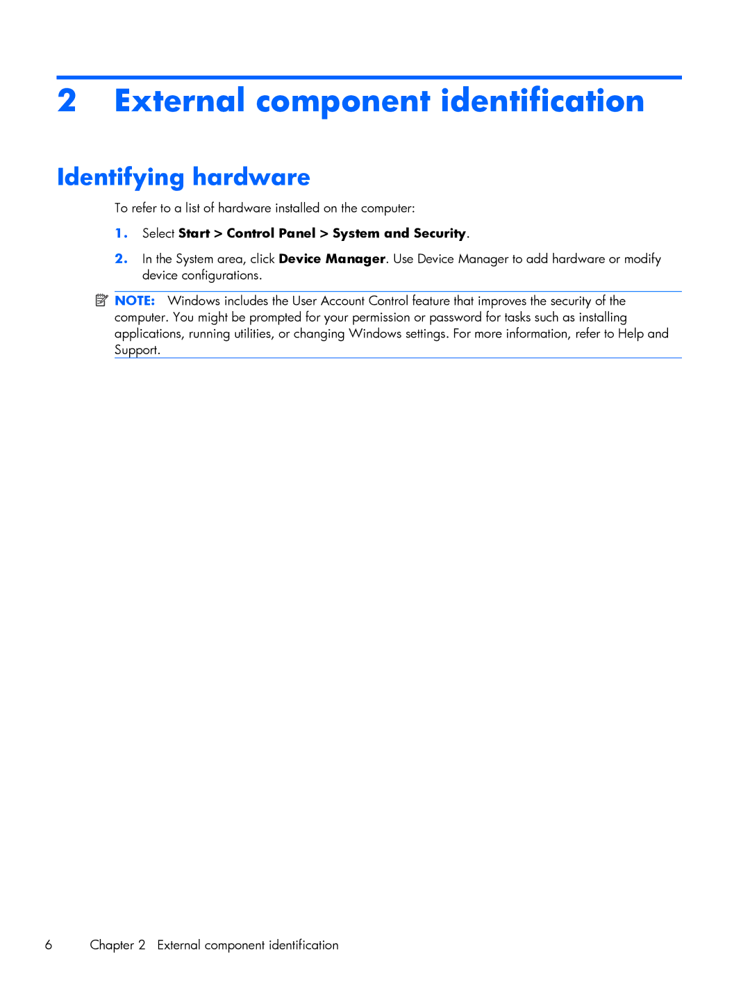 HP DV6 manual External component identification, Identifying hardware 