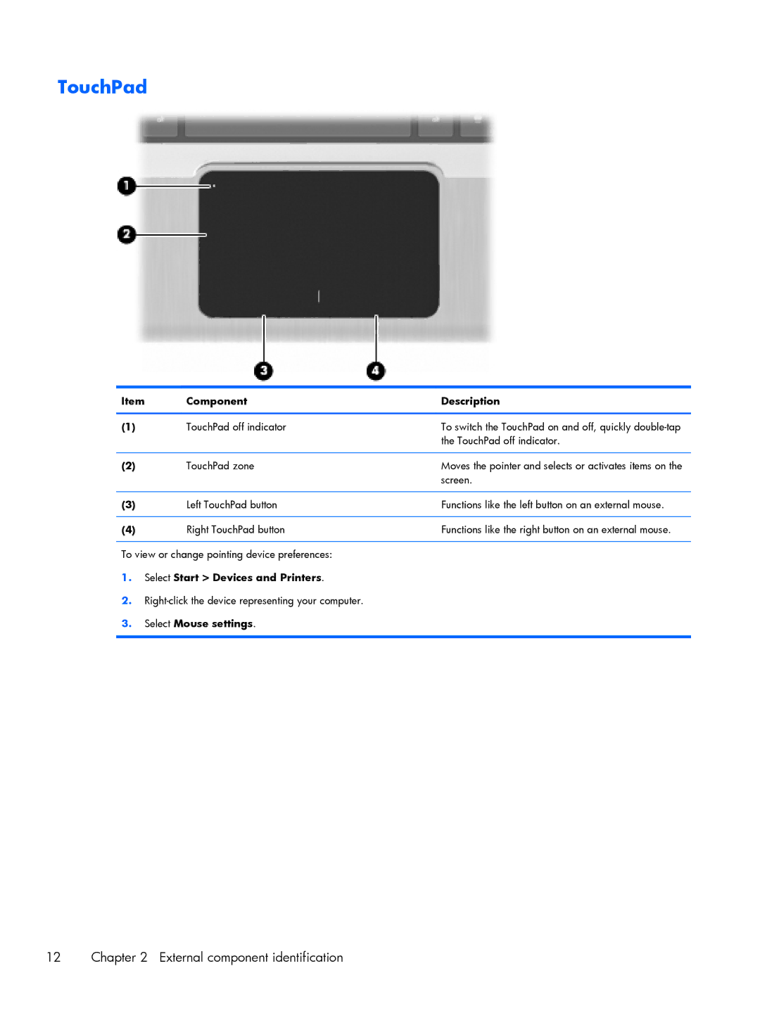 HP DV6 manual TouchPad, Select Start Devices and Printers, Select Mouse settings 