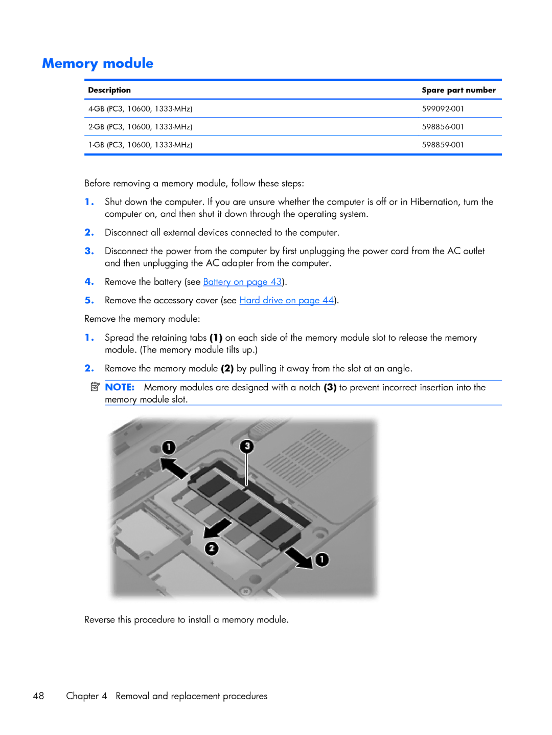 HP DV6 manual Memory module, Description Spare part number 