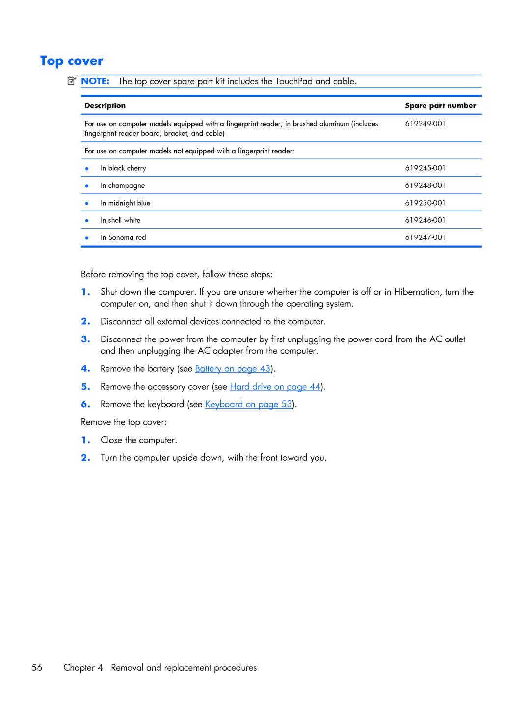 HP DV6 manual Top cover, Description Spare part number 