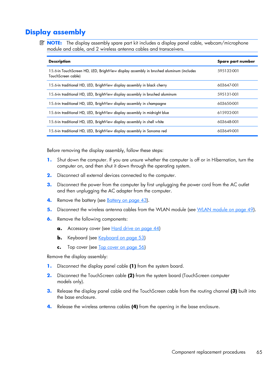 HP DV6 manual Display assembly, Description Spare part number 