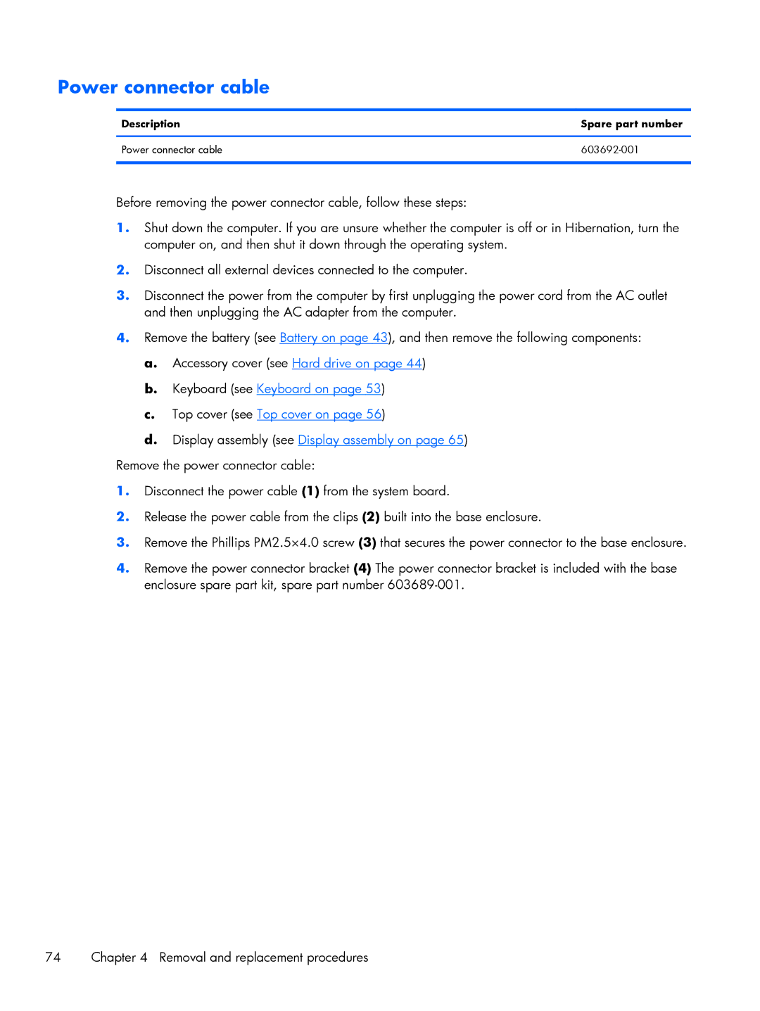 HP DV6 manual Power connector cable 