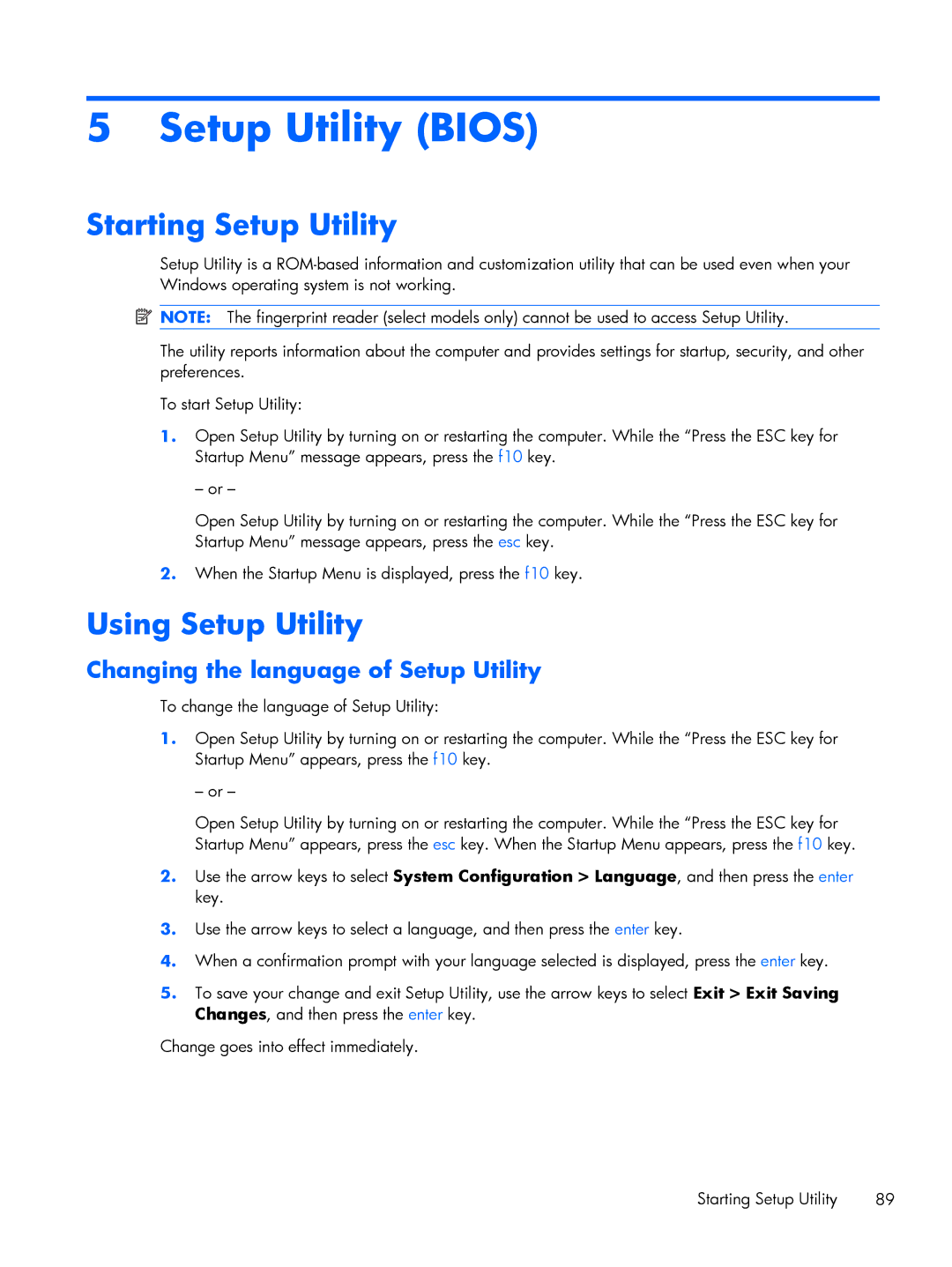 HP DV6 manual Setup Utility Bios, Starting Setup Utility, Using Setup Utility, Changing the language of Setup Utility 