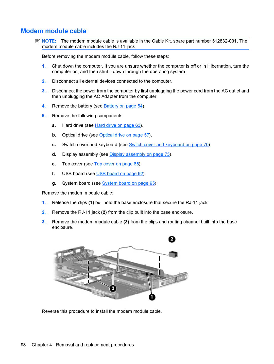 HP DV6 manual Modem module cable 