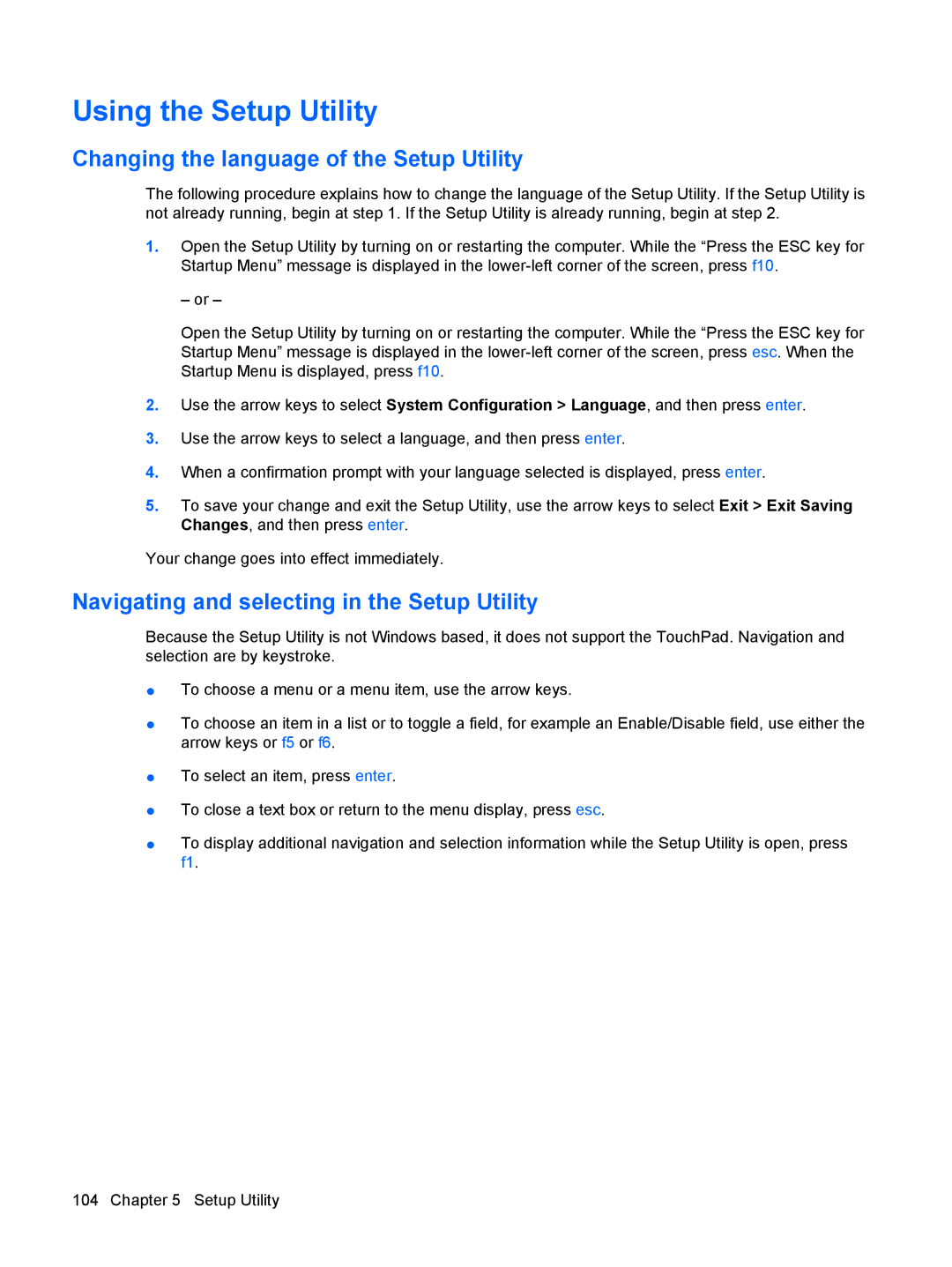 HP DV6 Using the Setup Utility, Changing the language of the Setup Utility, Navigating and selecting in the Setup Utility 