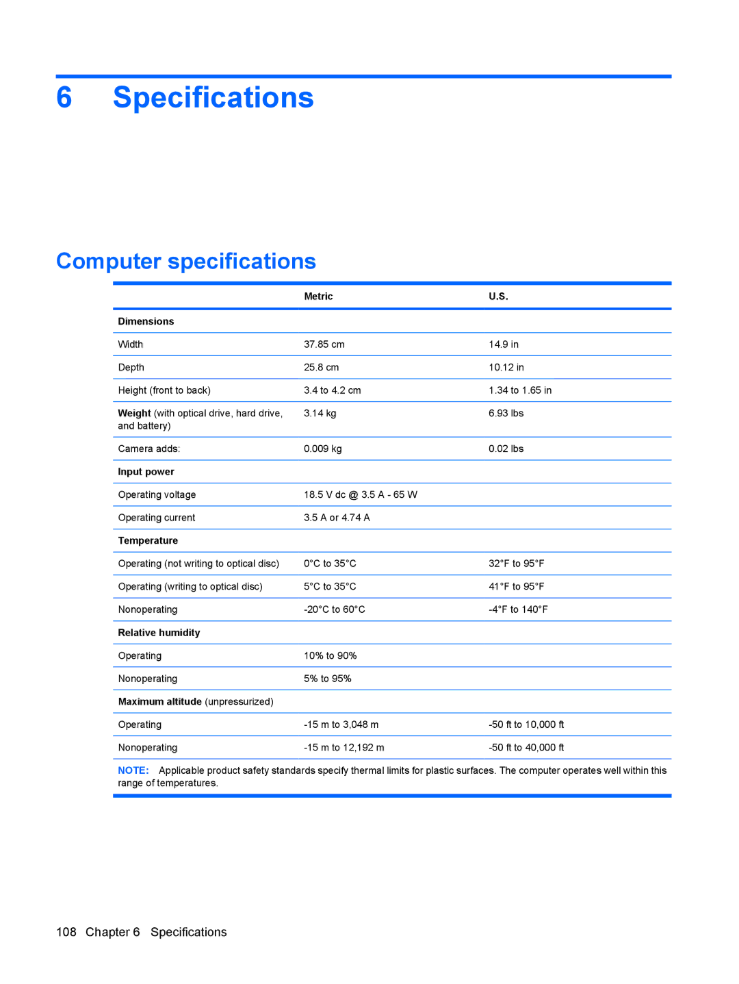 HP DV6 manual Specifications, Computer specifications 