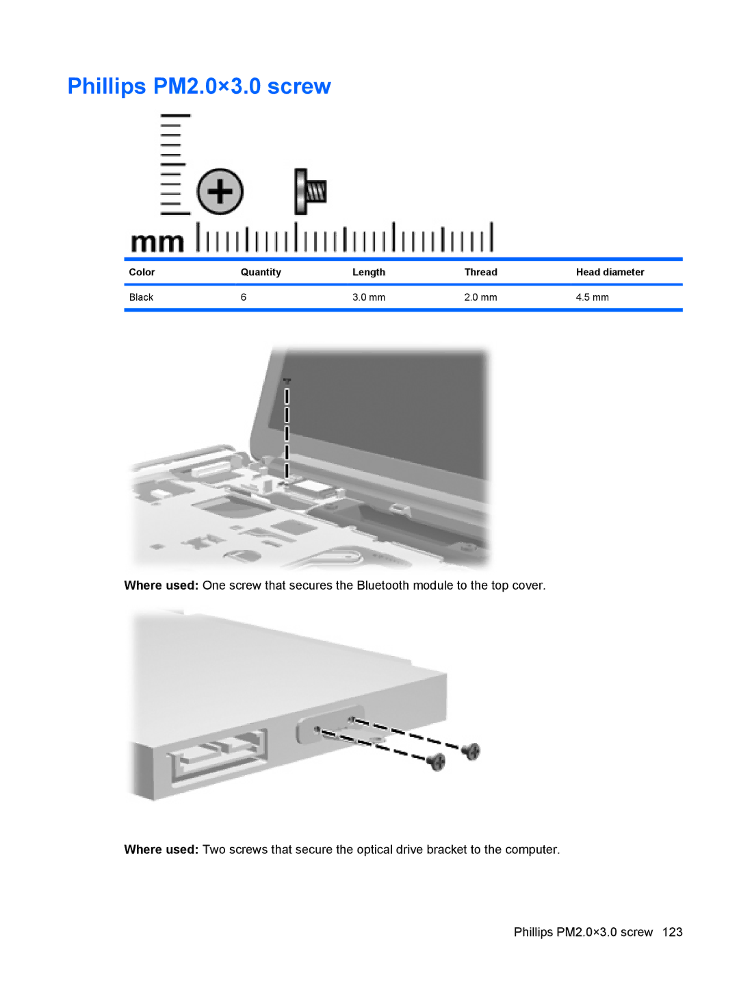 HP DV6 manual Phillips PM2.0×3.0 screw, Color Quantity Length Thread Head diameter Black 