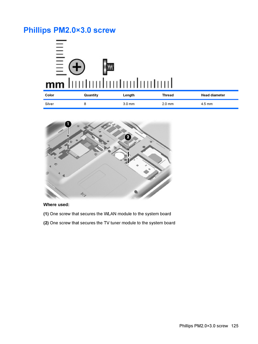 HP DV6 manual Where used, Color Quantity Length Thread Head diameter Silver 