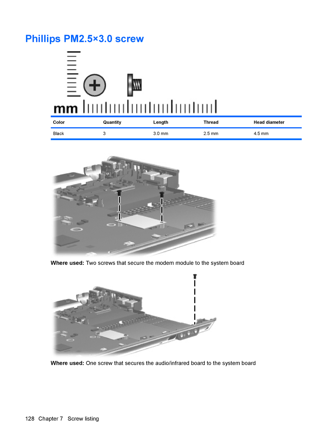 HP DV6 manual Phillips PM2.5×3.0 screw, Color Quantity Length Thread Head diameter Black 