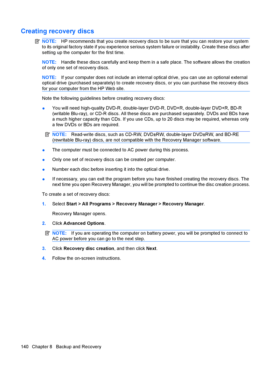 HP DV6 manual Creating recovery discs 