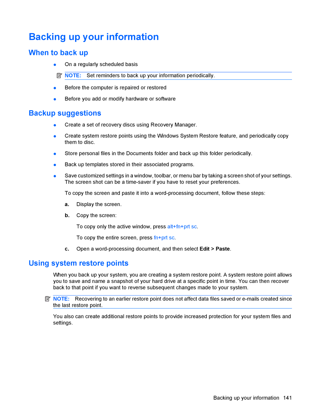HP DV6 manual Backing up your information, When to back up, Backup suggestions, Using system restore points 