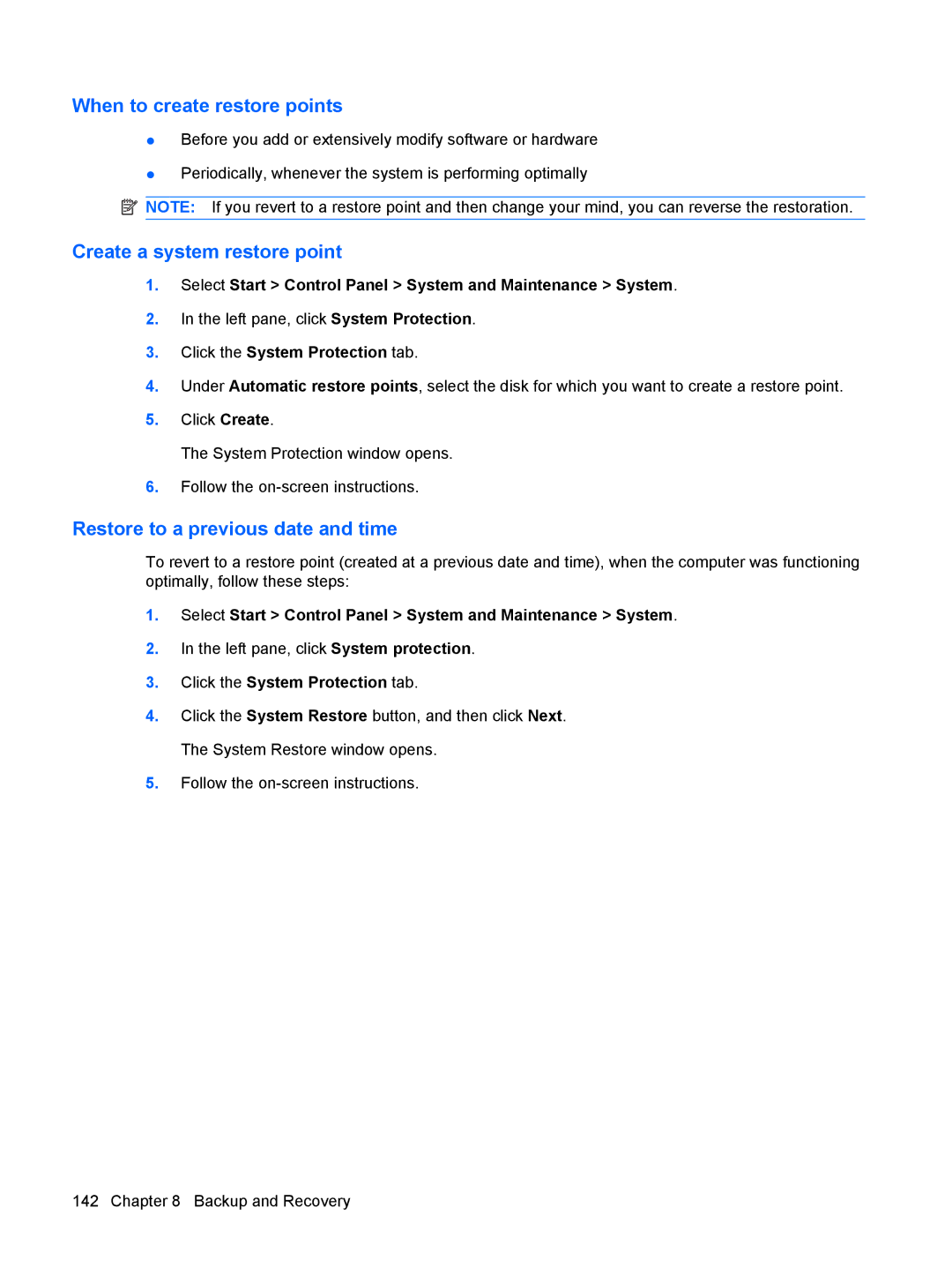 HP DV6 manual When to create restore points 