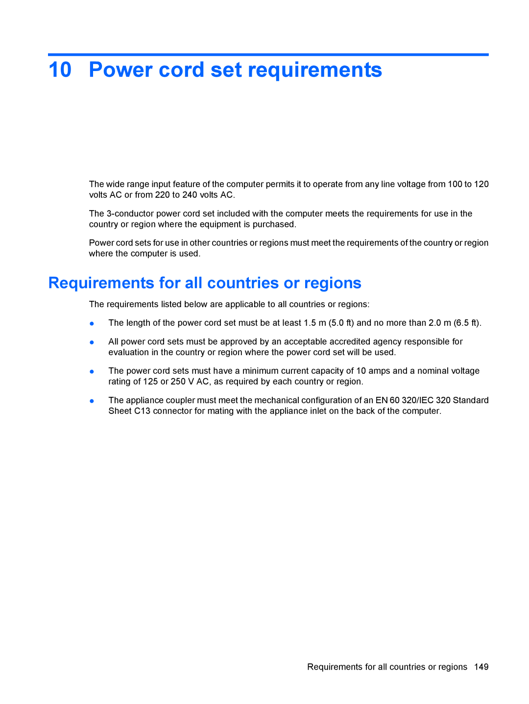 HP DV6 manual Power cord set requirements, Requirements for all countries or regions 