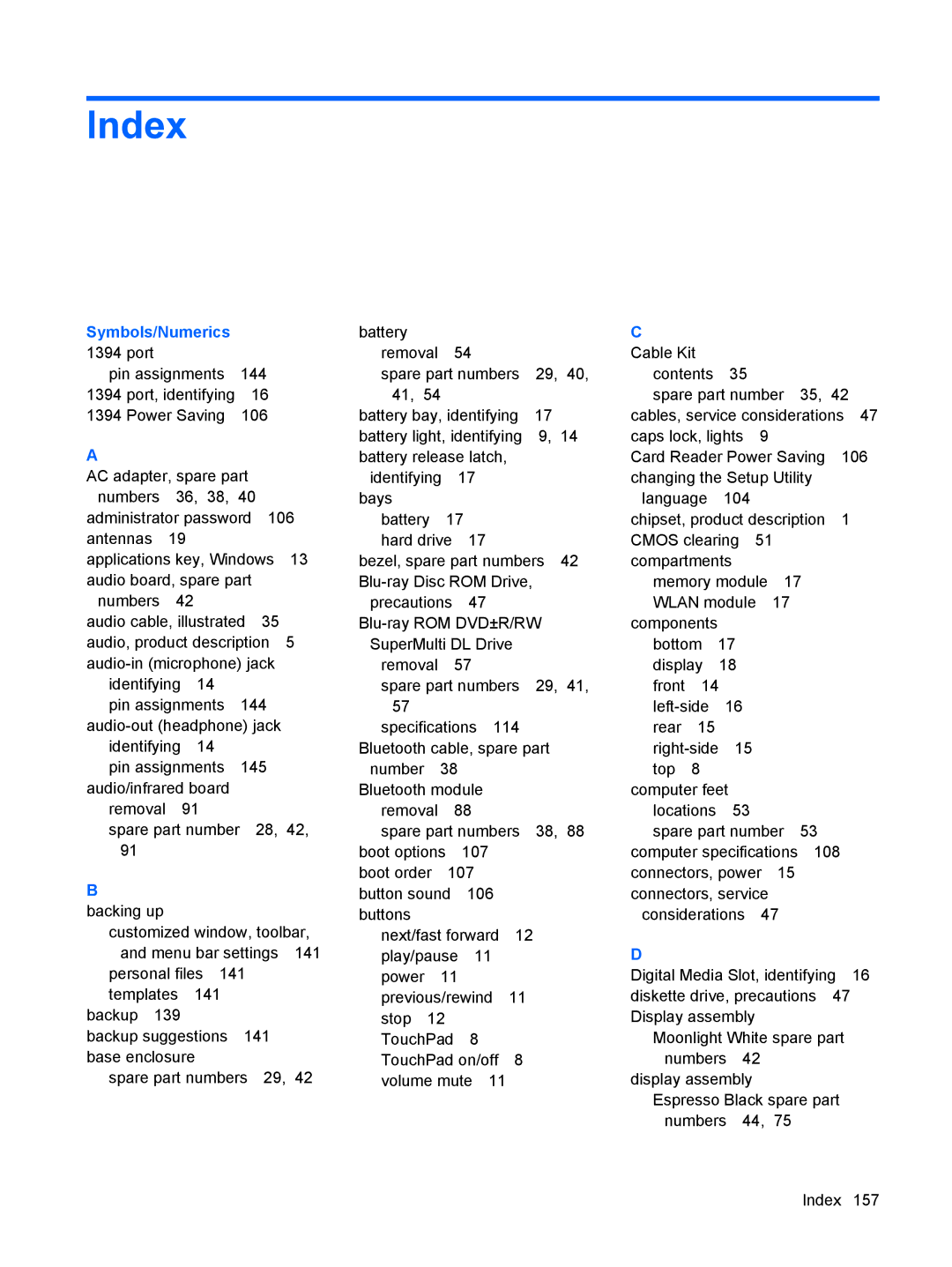 HP DV6 manual Index, Symbols/Numerics 