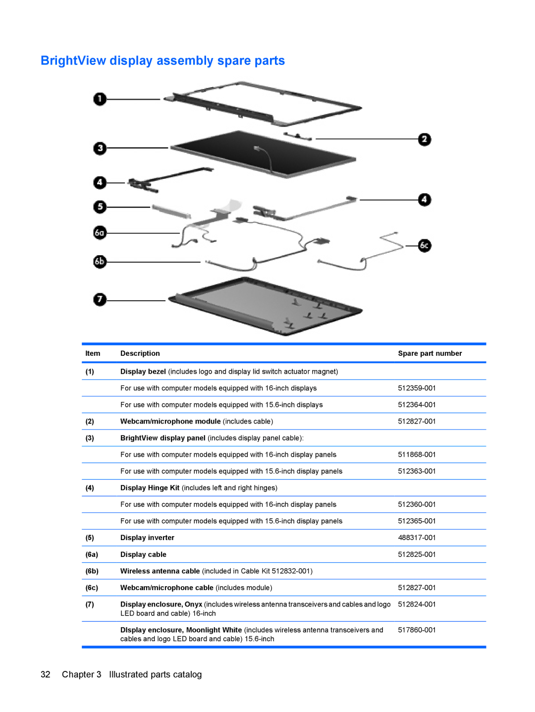 HP DV6 manual BrightView display assembly spare parts, Display cable, Webcam/microphone cable includes module 