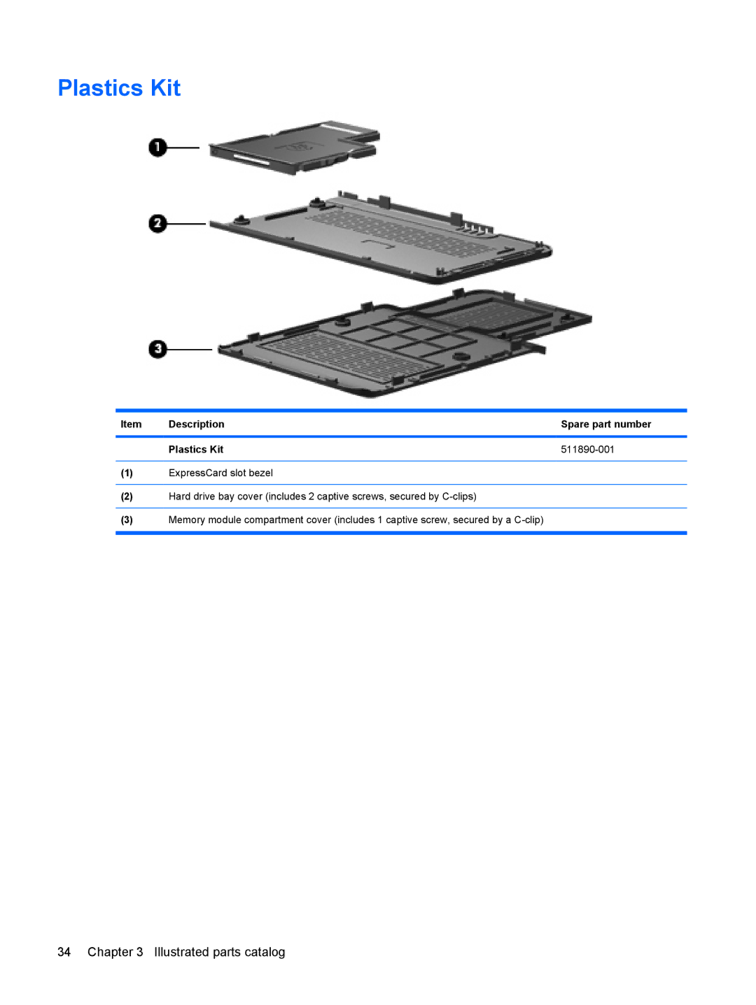 HP DV6 manual Description Spare part number Plastics Kit 511890-001 