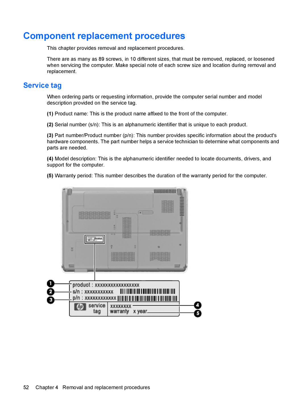 HP DV6 manual Component replacement procedures, Service tag 