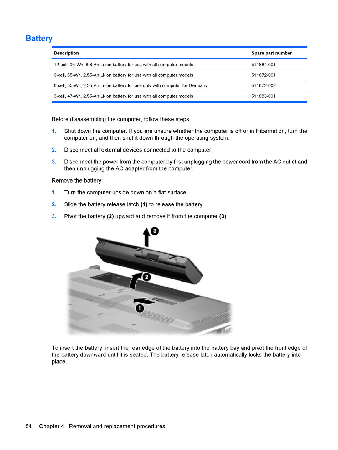 HP DV6 manual Battery, Description Spare part number 