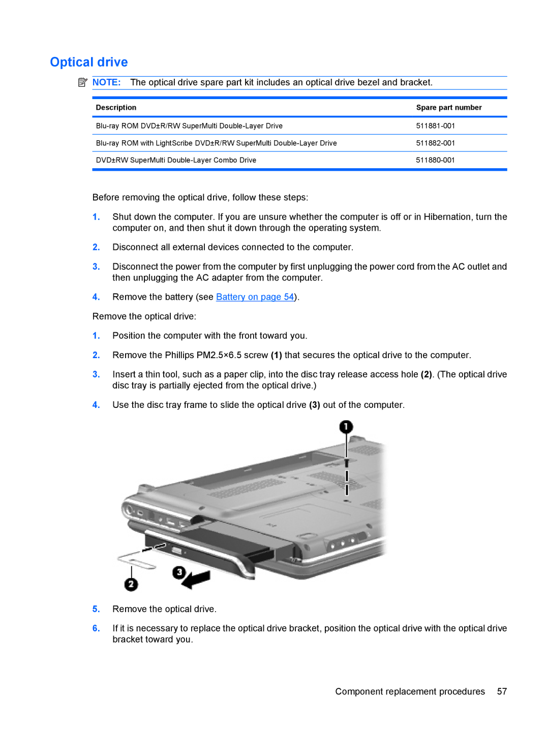 HP DV6 manual Optical drive 